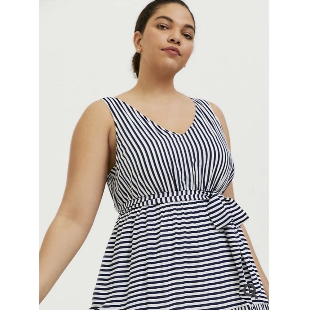 Torrid Tiered MIDI Dress 2X Navy White Stripe Challis Tie Summer Nautical Staple - Picture 2 of 15